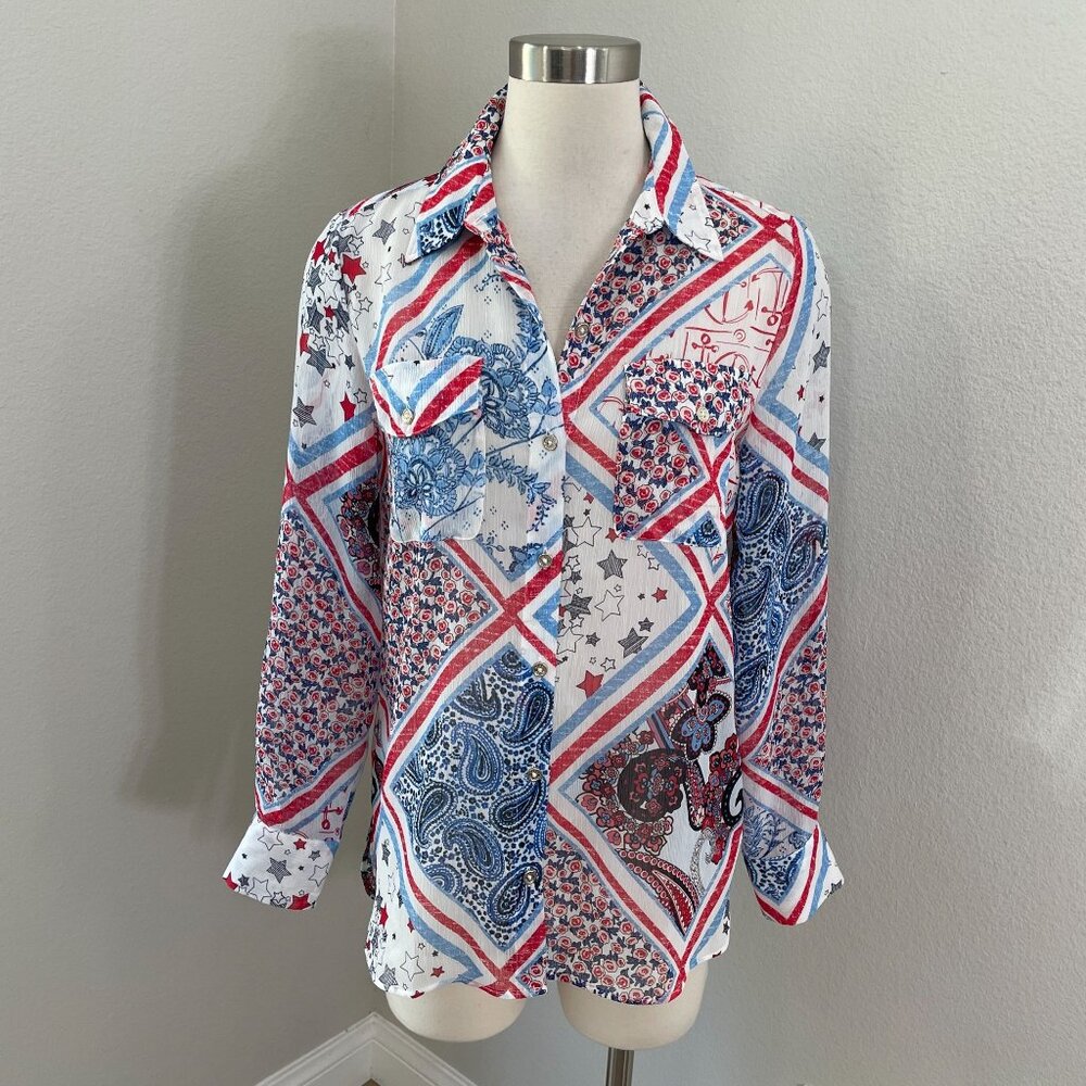 Tommy Hilfiger Womens Small Patriotic Patchwork Button Up Shirt Long Sleeve‎ Top